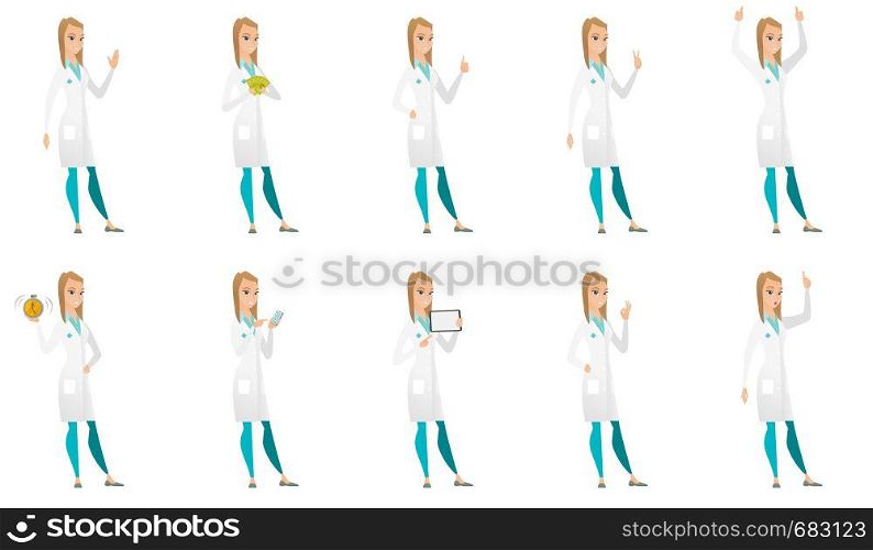 Caucasian doctor in medical gown holding money. Excited doctor standing with money in hands. Full length of doctor with money. Set of vector flat design illustrations isolated on white background.. Vector set of doctor characters.