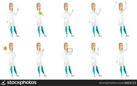 Caucasian doctor in medical gown holding money. Excited doctor standing with money in hands. Full length of doctor with money. Set of vector flat design illustrations isolated on white background.. Vector set of doctor characters.