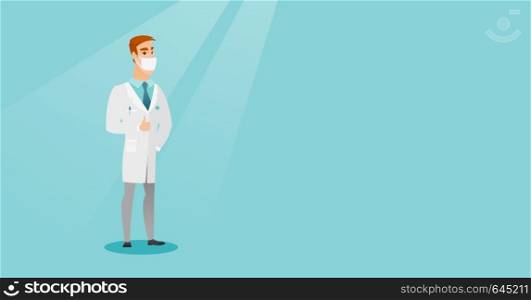 Caucasian doctor in medical mask giving thumb up. Young doctor in medical gown showing thumb up gesture. Doctor with gesture thumb up. Vector flat design illustration. Horizontal layout.. Doctor giving thumb up vector illustration.