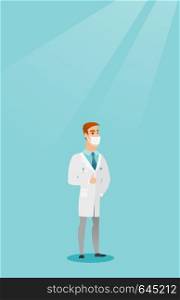 Caucasian doctor in medical mask giving thumb up. Young doctor in medical gown showing thumb up gesture. Doctor with gesture thumb up. Vector flat design illustration. Vertical layout.. Doctor giving thumb up vector illustration.
