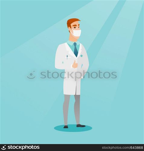 Caucasian doctor in medical mask giving thumbs up. Young doctor in medical gown showing thumbs up gesture. Doctor with gesture thumb up. Vector flat design illustration. Square layout.. Doctor giving thumbs up vector illustration.