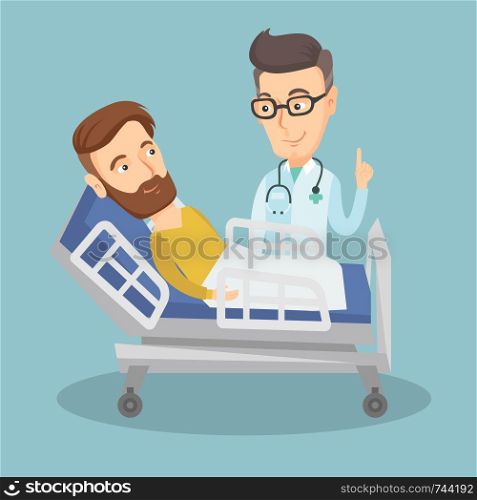 Caucasian doctor visiting hipster patient. Doctor pointing finger up during visiting of patient. Man lying in hospital bed while doctor visits him. Vector flat design illustration. Square layout.. Doctor visiting patient vector illustration.