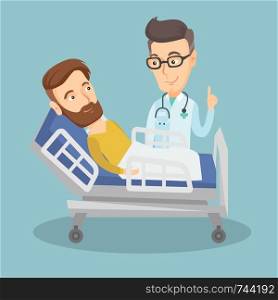 Caucasian doctor visiting hipster patient. Doctor pointing finger up during visiting of patient. Man lying in hospital bed while doctor visits him. Vector flat design illustration. Square layout.. Doctor visiting patient vector illustration.