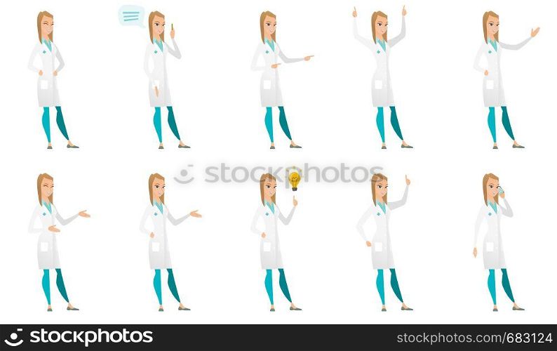 Caucasian doctor with speech bubble. Doctor in medical gown giving a speech. Doctor with speech bubble coming out of her head. Set of vector flat design illustrations isolated on white background.. Vector set of doctor characters.