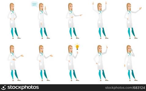 Caucasian doctor with speech bubble. Doctor in medical gown giving a speech. Doctor with speech bubble coming out of her head. Set of vector flat design illustrations isolated on white background.. Vector set of doctor characters.