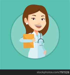 Caucasian doctor with stethoscope and folder. Doctor carrying folder of patient. Doctor holding folder with medical information. Vector flat design illustration in the circle isolated on background.. Doctor with file in medical office.