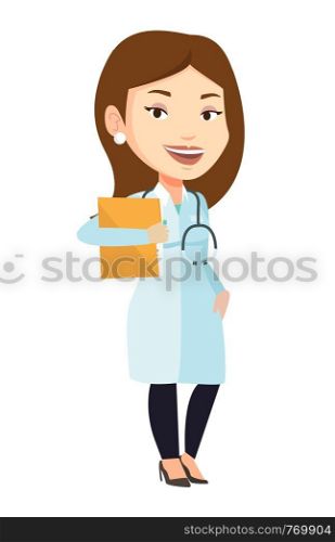 Caucasian doctor with stethoscope and folder. Young doctor carrying folder of patient. Doctor holding folder with medical information. Vector flat design illustration isolated on white background.. Doctor with file in medical office.