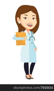 Caucasian doctor with stethoscope and folder. Young doctor carrying folder of patient. Doctor holding folder with medical information. Vector flat design illustration isolated on white background.. Doctor with file in medical office.