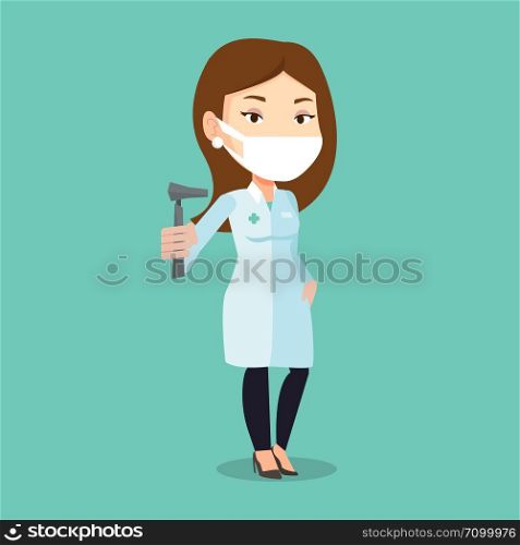 Caucasian ear nose throat doctor holding medical tool. Young doctor in medical gown and mask with tools used for examination of ear, nose, throat. Vector flat design illustration. Square layout.. Ear nose throat doctor vector illustration.