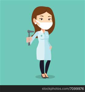 Caucasian ear nose throat doctor holding medical tool. Young doctor in medical gown and mask with tools used for examination of ear, nose, throat. Vector flat design illustration. Square layout.. Ear nose throat doctor vector illustration.