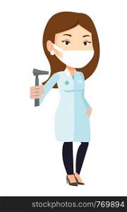 Caucasian ear nose throat doctor holding medical tool. Young doctor in medical gown with tools used for examination of ear, nose, throat. Vector flat design illustration isolated on white background.. Ear nose throat doctor vector illustration.