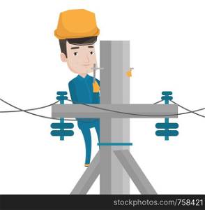Caucasian electrician working on electric power pole. Electrician at work on electric power pole. Electrician repairing electric power pole.Vector flat design illustration isolated on white background. Electrician working on electric power pole.
