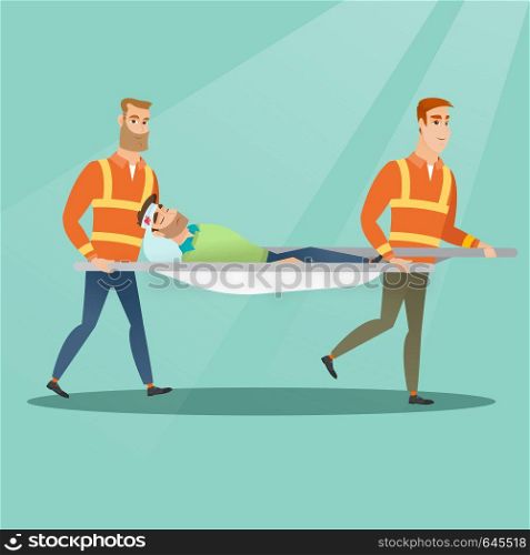 Caucasian emergency doctors transporting victim after accident on the stretcher. Team of emergency doctors carrying an injured man on medical stretcher. Vector flat design illustration. Square layout.. Emergency doctors carrying man on stretcher.