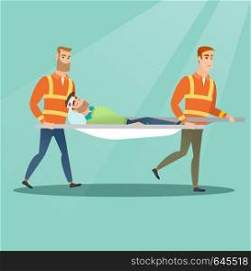 Caucasian emergency doctors transporting victim after accident on the stretcher. Team of emergency doctors carrying an injured man on medical stretcher. Vector flat design illustration. Square layout.. Emergency doctors carrying man on stretcher.