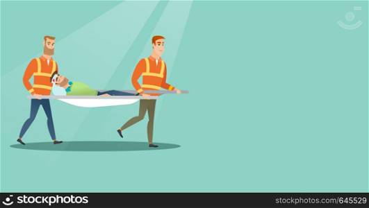 Caucasian emergency doctors transporting victim after accident on the stretcher. Team of emergency doctors carrying injured man on medical stretcher. Vector flat design illustration. Horizontal layout. Emergency doctors carrying man on stretcher.