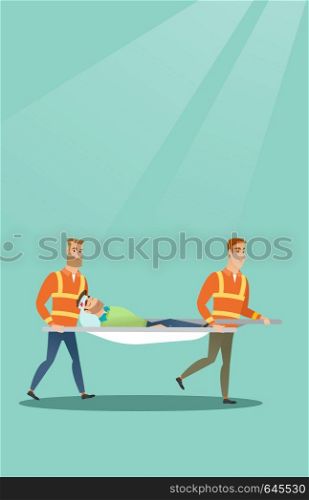 Caucasian emergency doctors transporting victim after accident on the stretcher. Team of emergency doctors carrying injured man on medical stretcher. Vector flat design illustration. Vertical layout.. Emergency doctors carrying man on stretcher.