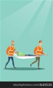 Caucasian emergency doctors transporting victim after accident on the stretcher. Team of emergency doctors carrying injured man on medical stretcher. Vector flat design illustration. Vertical layout.. Emergency doctors carrying man on stretcher.