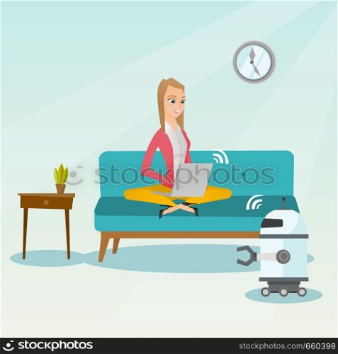 Caucasian engineer programming a domestic personal robot on her laptop computer. Engineer working on project of robot. Engineer examining newly built robot. Vector cartoon illustration. Square layout.. Young caucasian engineer programming a robot.