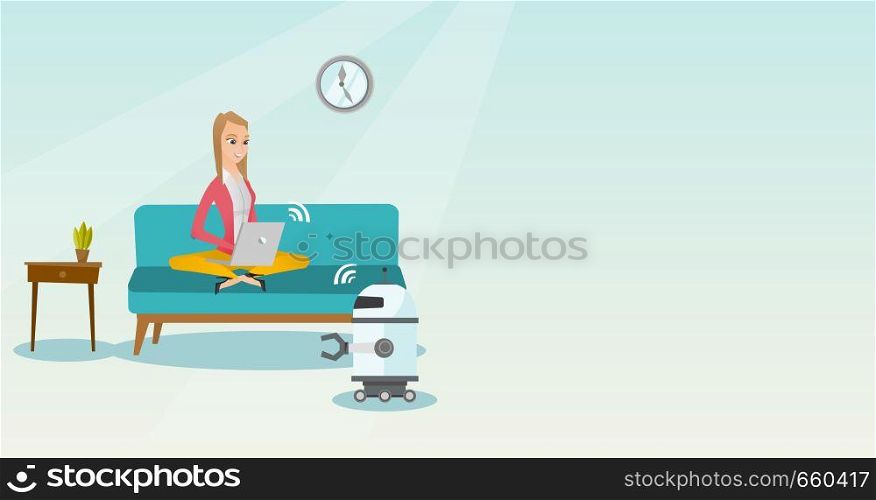 Caucasian engineer programming a domestic personal robot on laptop computer. Engineer working on project of robot. Engineer examining newly built robot. Vector cartoon illustration. Horizontal layout.. Young caucasian engineer programming a robot.