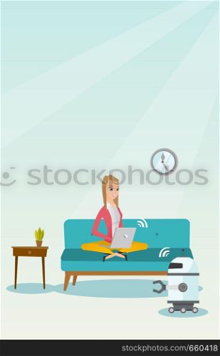 Caucasian engineer programming a domestic personal robot on laptop computer. Engineer working on project of robot. Engineer examining newly built robot. Vector cartoon illustration. Vertical layout.. Young caucasian engineer programming a robot.