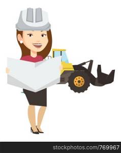 Caucasian engineer watching a blueprint at construction site. Female engineer with blueprint standing on the background of excavator. Vector flat design illustration isolated on white background.. Engineer watching a blueprint vector illustration.