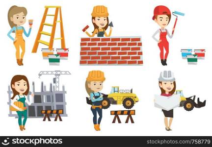 Caucasian engineer with a blueprint at construction site. Engineer holding twisted blueprint. Engineer checking construction works. Set of vector flat design illustrations isolated on white background. Vector set of constructors and builders characters