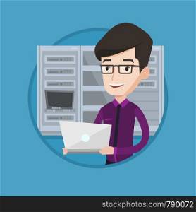 Caucasian engineer with laptop working in network server room. Young smiling network engineer using laptop in server room. Vector flat design illustration in the circle isolated on background.. Engineer working on laptop in network server room.