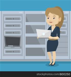 Caucasian engineer with laptop working in network server room. Engineer standing in network server room. Network engineer using laptop in server room. Vector flat design illustration. Square layout.. Engineer working on laptop in network server room.