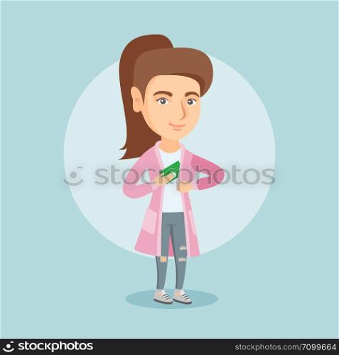 Caucasian executive putting bribe in her pocket. Young executive hiding bribe in the pocket of jacket. Bribery and corruption concept. Vector cartoon illustration. Square layout.. Young caucasian executive hiding bribe in pocket.