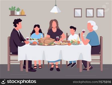 Caucasian family dinner flat color vector illustration. People eat meal together. Holiday lunch. Relatives generation at table 2D cartoon characters with household interior on background. Caucasian family dinner flat color vector illustration