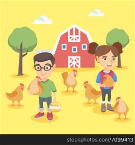 Caucasian farm boy and girl holding chickens and eggs in the backyard. Little boy and girl standing on the background of chicken coop on the farm. Vector sketch cartoon illustration. Square layout.. Caucasian boy and girl holding chickens and eggs.