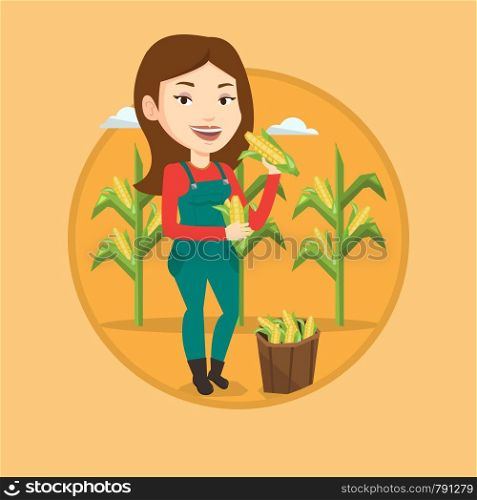Caucasian farmer holding a corn cob on the background of corn field. Farmer collecting corn. Farmer standing near basket with corn. Vector flat design illustration in the circle isolated on background. Farmer collecting corn vector illustration.