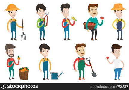 Caucasian farmer holding basket with tomatoes. Farmer collecting corn. Farmer holding a pitchfork. Gardener working with a pruner. Set of vector flat design illustrations isolated on white background.. Set of agricultural illustrations with farmers.