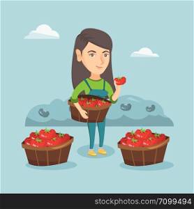Caucasian farmer holding basket with tomatoes. Farmer showing ripe red tomato on the background of field with bushes of tomatoes. Farmer collecting tomatoes. Vector cartoon illustration. Square layout. Young caucasian farmer collecting tomatoes.