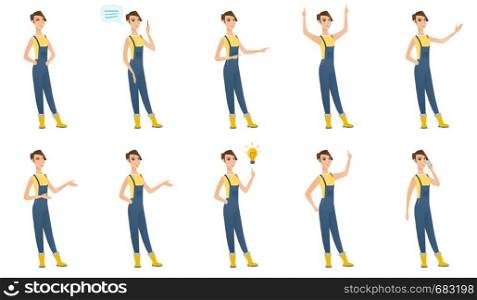 Caucasian farmer in coveralls gesturing. Full length of cheerful farmer gesturing with her hands. Farmer laughing and gesturing. Set of vector flat design illustrations isolated on white background.. Vector set of illustrations of farmer characters.