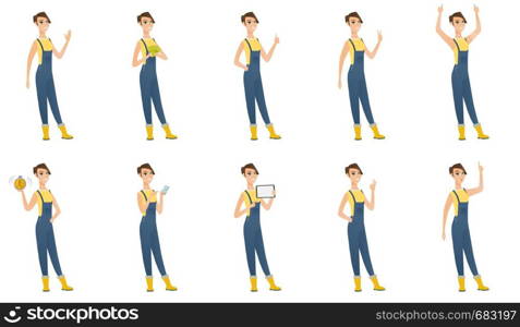 Caucasian farmer in coveralls showing ringing alarm clock. Full length of farmer with alarm clock. Farmer holding an alarm clock. Set of vector flat design illustrations isolated on white background.. Vector set of illustrations of farmer characters.