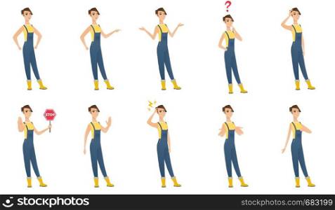 Caucasian farmer showing stop road sign. Young farmer in coveralls holding stop road sign. Serious farmer with stop road sign. Set of vector flat design illustrations isolated on white background.. Vector set of illustrations of farmer characters.