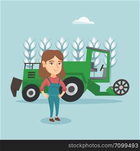 Caucasian farmer standing on the background of combine harvester working in a wheat field. Young farmer and combine harvester harvesting wheat in a field. Vector cartoon illustration. Square layout.. Farmer standing on the background of combine.