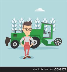 Caucasian farmer standing on the background of combine harvester working in wheat field. Farmer and combine harvester harvesting wheat in field. Vector flat design illustration. Square layout.. Farmer standing with combine on background.