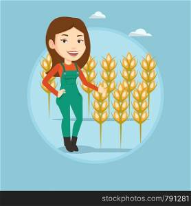 Caucasian farmer standing on the background of wheat field. Farmer working in wheat field. Cheerful farmer checking wheat harvest. Vector flat design illustration in the circle isolated on background.. Farmer in wheat field vector illustration.