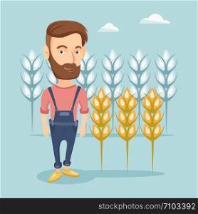 Caucasian farmer with beard standing on the background of wheat field. Smiling farmer working in wheat field. Cheerful farmer checking wheat harvest. Vector flat design illustration. Square layout.. Farmer in wheat field vector illustration.