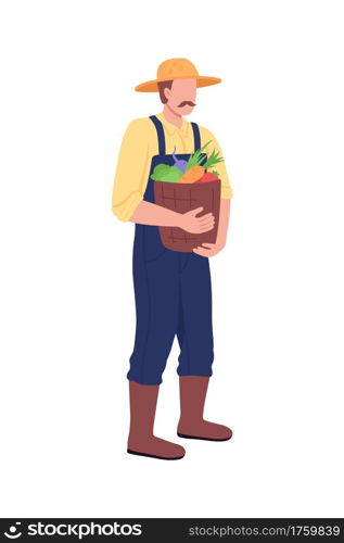 Caucasian farmer with bucket of vegetables flat color vector faceless character. Gathering crop, harvest. Essential worker isolated cartoon illustration for web graphic design and animation. Caucasian farmer with bucket of vegetables flat color vector faceless character