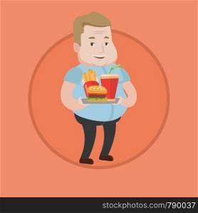 Caucasian fat man holding tray with fast food. Plump smiling man having lunch in a fast food restaurant. Happy man with fast food. Vector flat design illustration in the circle isolated on background.. Man holding tray full of fast food.