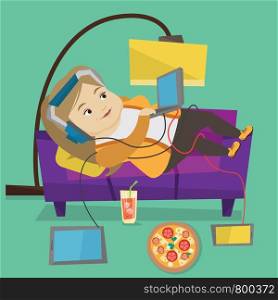 Caucasian fat woman relaxing on a sofa with many gadgets. Woman lying on a sofa surrounded by gadgets and fast food. Plump woman using gadgets at home. Vector flat design illustration. Square layout.. Woman lying on sofa with many gadgets.