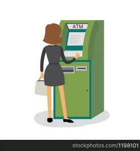 Caucasian female and ATM bank terminal,human back view,isolated on white background,flat vector illustration