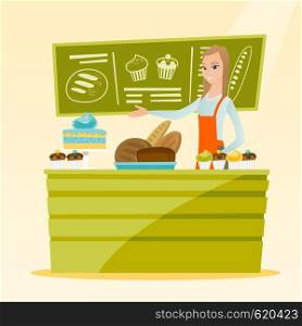 Caucasian female bakery worker offering pastry. Smiling female bakery worker standing behind the counter with cakes. Woman working at the bakery. Vector flat design illustration. Square layout.. Worker standing behind the counter at the bakery.