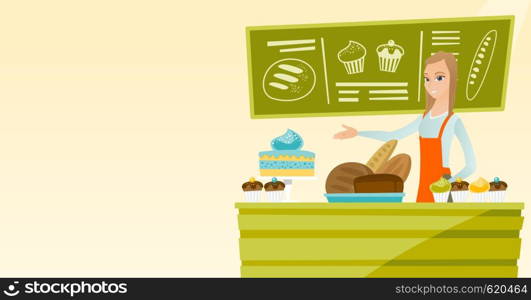 Caucasian female bakery worker offering pastry. Smiling female bakery worker standing behind the counter with cakes. Woman working at the bakery. Vector flat design illustration. Horizontal layout.. Worker standing behind the counter at the bakery.