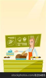 Caucasian female bakery worker offering pastry. Smiling female bakery worker standing behind the counter with cakes. Woman working at the bakery. Vector flat design illustration. Vertical layout.. Worker standing behind the counter at the bakery.