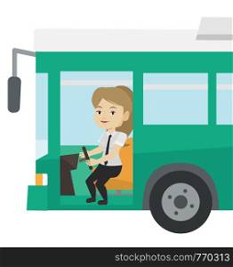 Caucasian female bus driver sitting at steering wheel. Young driver driving passenger bus. Bus driver sitting in drivers seat in cab. Vector flat design illustration isolated on white background.. Caucasian bus driver sitting at steering wheel.