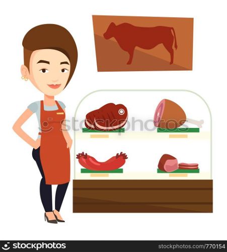 Caucasian female butcher offering meat in butchery. Friendly butcher at work in butchery. Butcher standing on the background of storefront. Vector flat design illustration isolated on white background. Butcher offering fresh meat in butchershop.